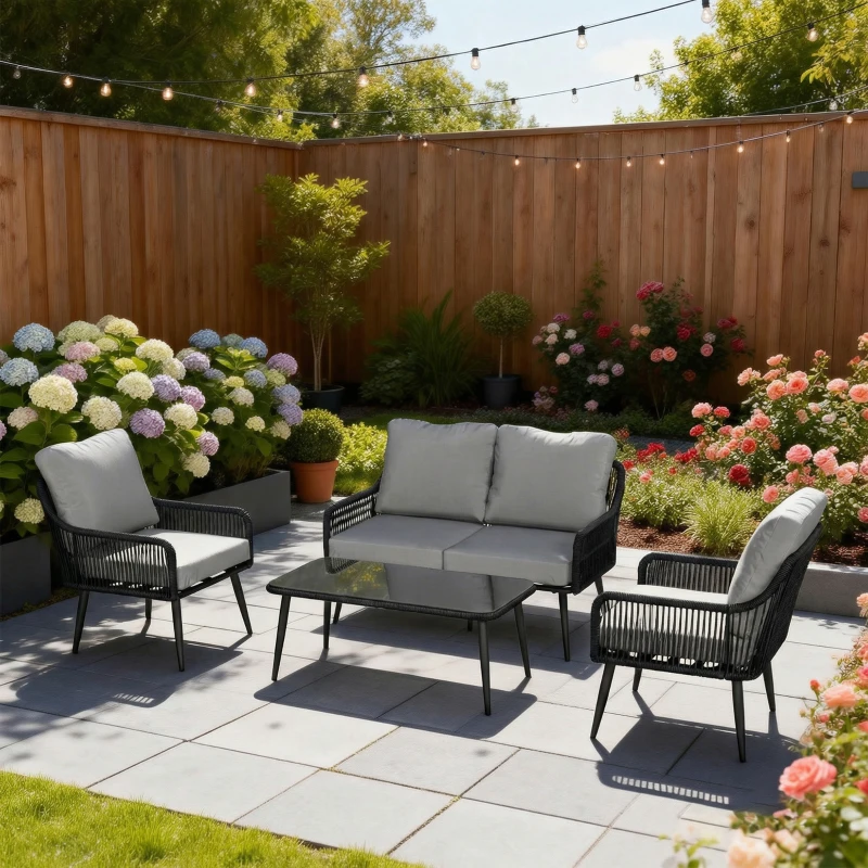 Outsunny Rattan Garden Furniture Set, 4 Piece Outdoor Patio Furniture with Tempered Glass Table and Chairs, Indoor Balcony Conservatory Set