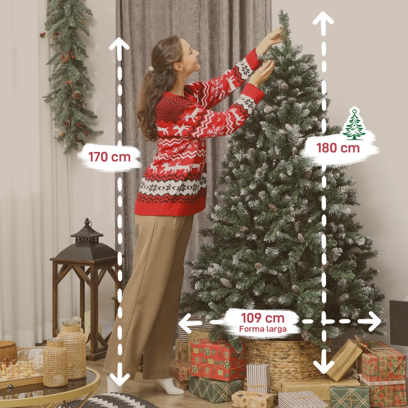 HOMCOM Árvore de Natal Artificial 180 cm Árvore de Natal com 910 Ramos com Efeito Neve 58 Pinhas Verde