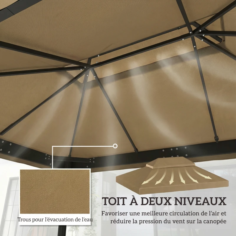 Outsunny Toile de rechange pour pavillon toile de tonnelle 4 x 3 m, double toit avec trous de drainage, polyester 370 g/m², beige
