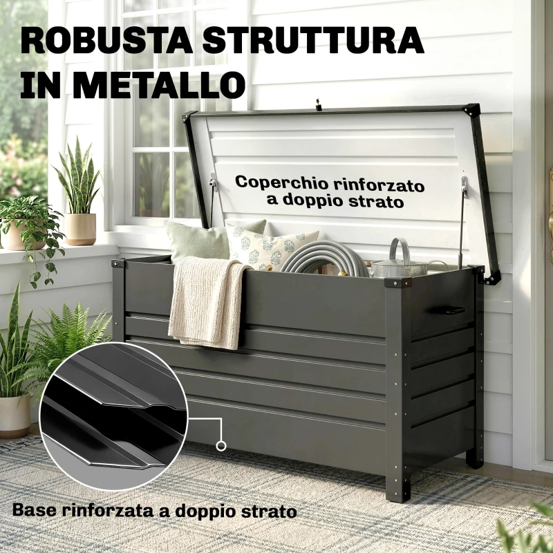 Outsunny Cassa 350L, Box Metallo con Coperchio Bloccabile, Ruote, Maniglie Laterali, Grigio