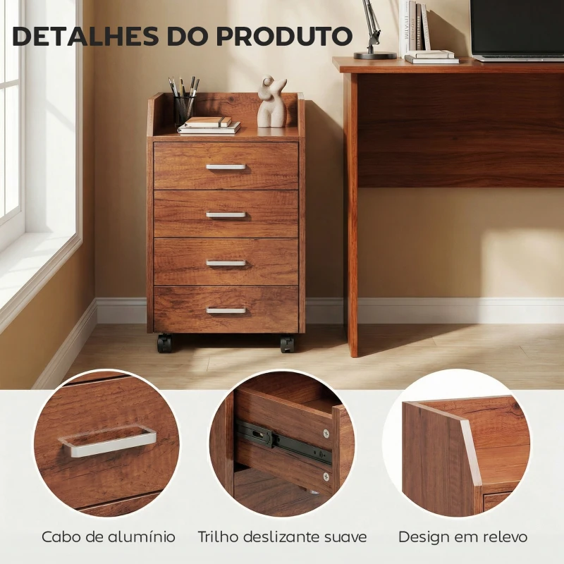 Vinsetto Bloco de Gavetas de Escritório com Rodas 4 Gavetas Organizador Móvel 40x36x65 cm Castanho