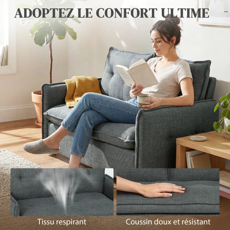 HOMCOM Canapé 2 places, canapé de salon moderne 131 cm avec assise rembourrée, coussins à ressorts, tissu en lin, gris foncé