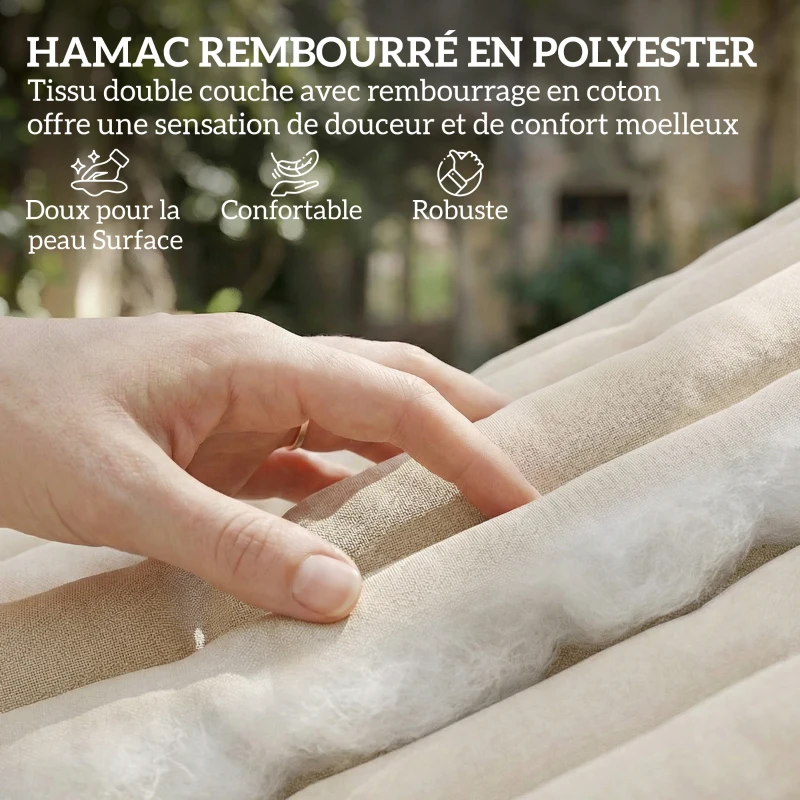 Outsunny Hamac suspendu 325 cm avec oreiller extra-long, tissu matelassé, poche pour magazines, intérieur et extérieur, crème