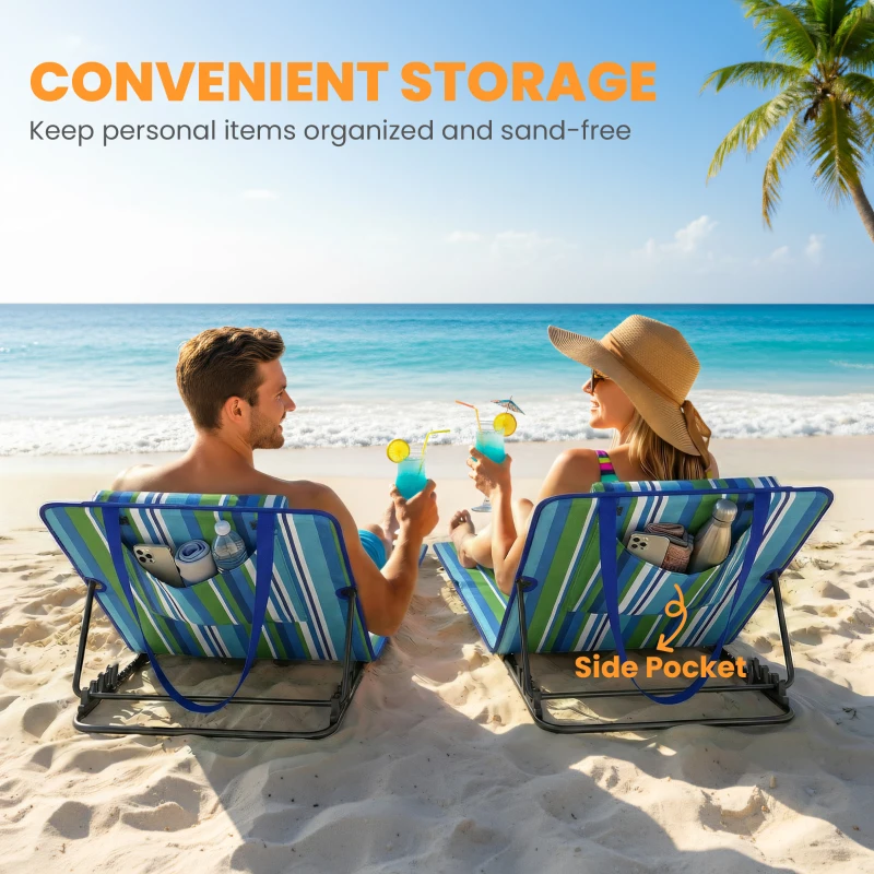 Outsunny Zestaw 2 leżaków plażowych ze składanym oparciem, poduszką i kieszenią