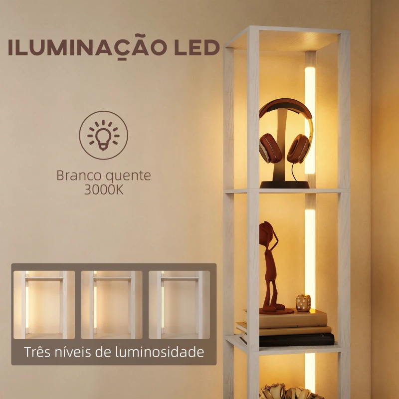 HOMCOM Candeeiro de Pé Moderno com Prateleiras Abertas Gaveta de Tecido e Interruptor de Pé 43,5x26,5x169 cm Branco