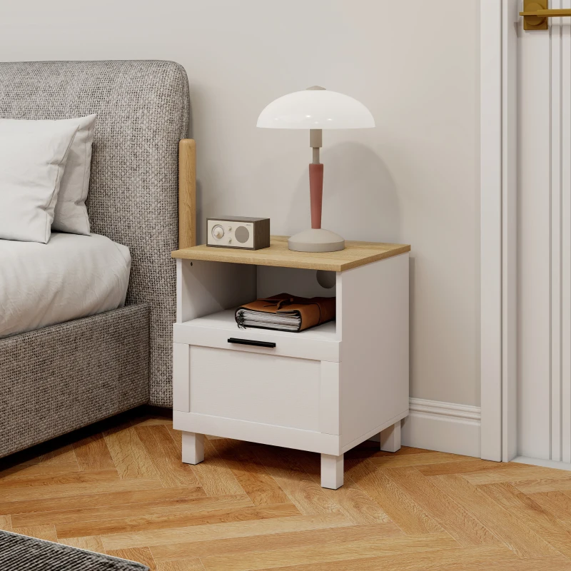 HOMCOM Conjunto de 2 Mesas de Cabeceira Modernas com Gaveta Compartimento Aberto Pés de Madeira 45x38x50 cm Branco