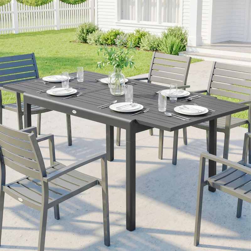 Outsunny Tavolo da Giardino Allungabile per 6-8 Persone con Piano a Doghe, in Alluminio, 110-170x90x75 cm, Grigio Scuro