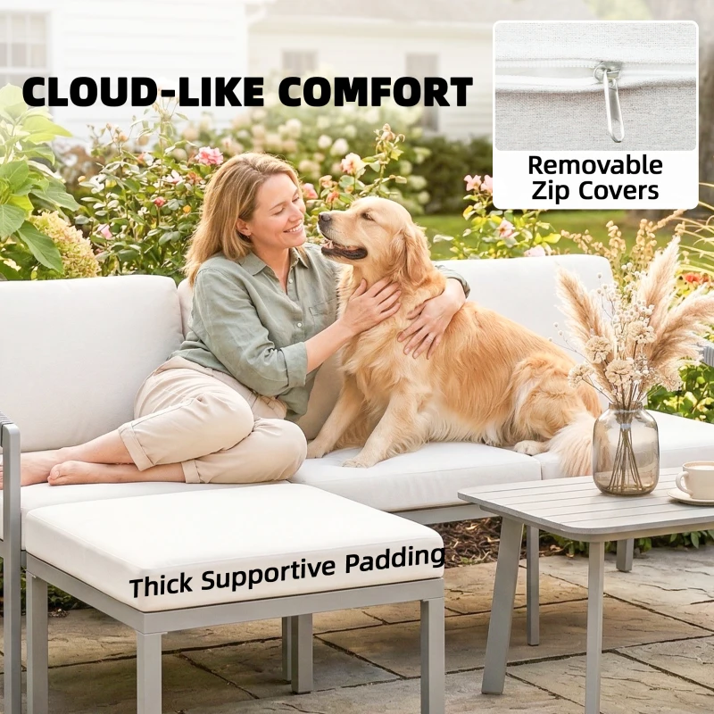 Outsunny 3 Piece Garden Dining Set, Outdoor Patio Furniture with 3 Seater Sofa, Footstool, Coffee Table and Cuhsions