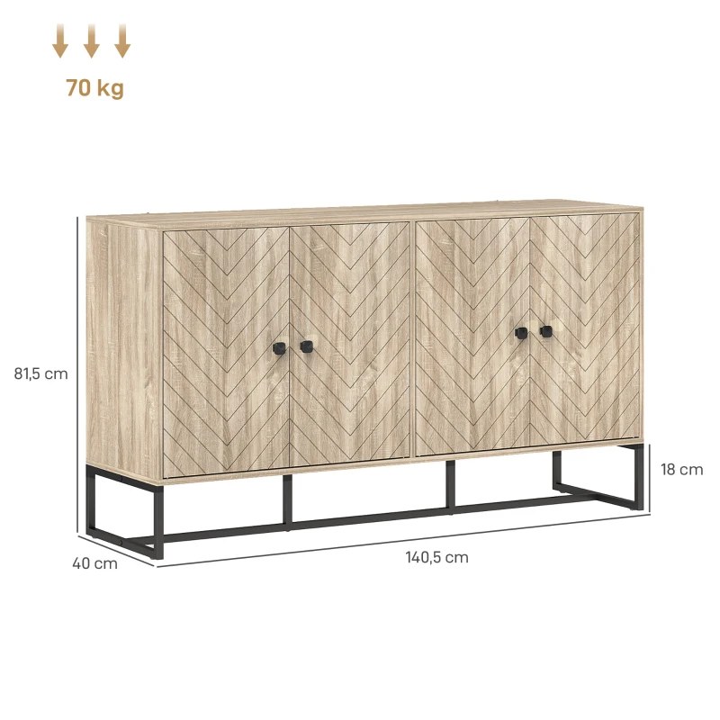 HOMCOM Aparador de Sala com 4 Portas com Design Chevron Prateleiras Ajustáveis Pés de Aço 140,5x40x81,5 cm Carvalho