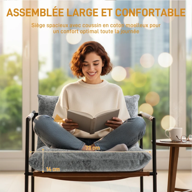 HOMCOM Fauteuil salon, fauteuil d'appoint rembourré en velours imprimé, large assise et structure en acier, 77x91x80cm, gris