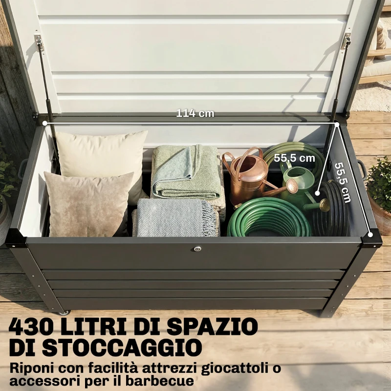Outsunny Cassa 350L, Box Metallo con Coperchio Bloccabile, Ruote, Maniglie Laterali, Grigio