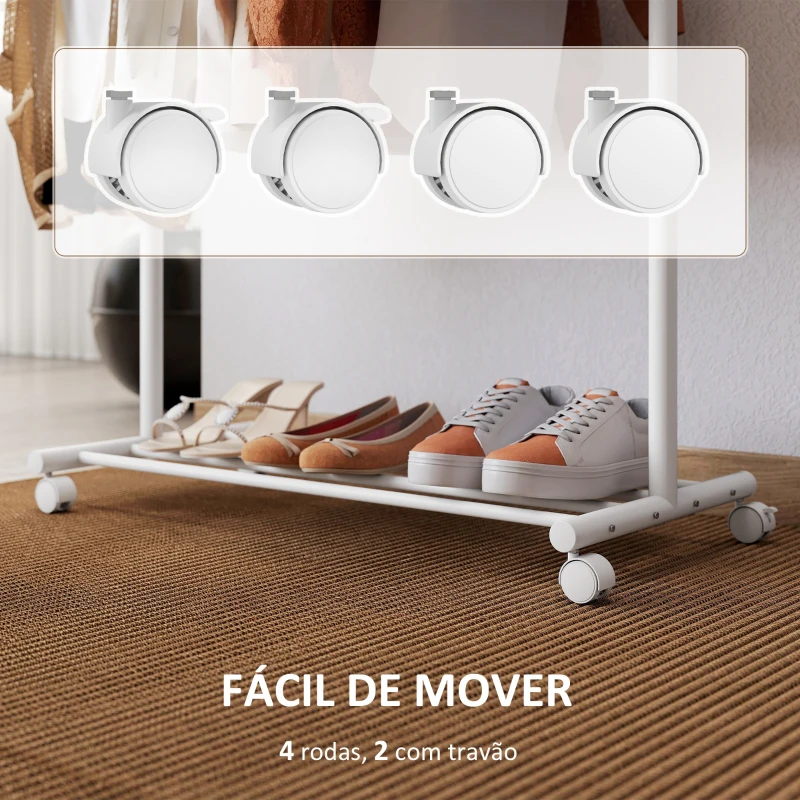 HOMCOM Charriot com Rodas 5 Ganchos Barra para Pendurar e Prateleira Inferior 86x43x171 cm Branco