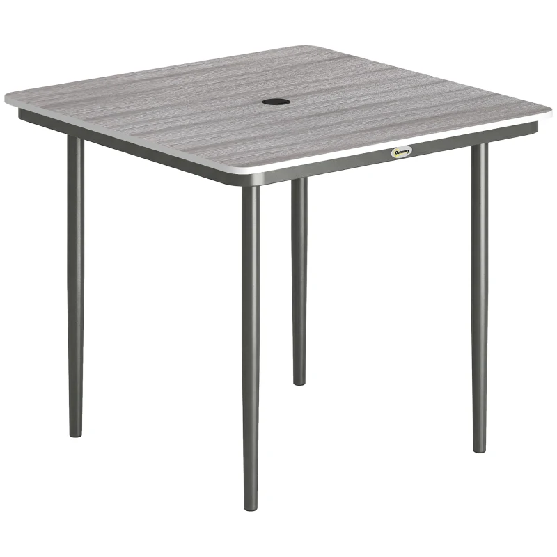 Outsunny Table de jardin rectangulaire pour 4 personnes, table à manger extérieure avec trou de parasol, 85 x 85 x 72,5 cm, gris