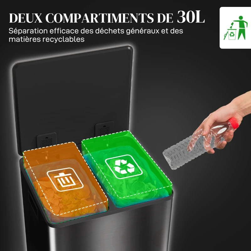 HOMCOM Poubelle de cuisine 2 compartiments de 2 x 30L, acier inoxydable, couvercle à fermeture douce, 47,7x37,5x66,8cm, noir