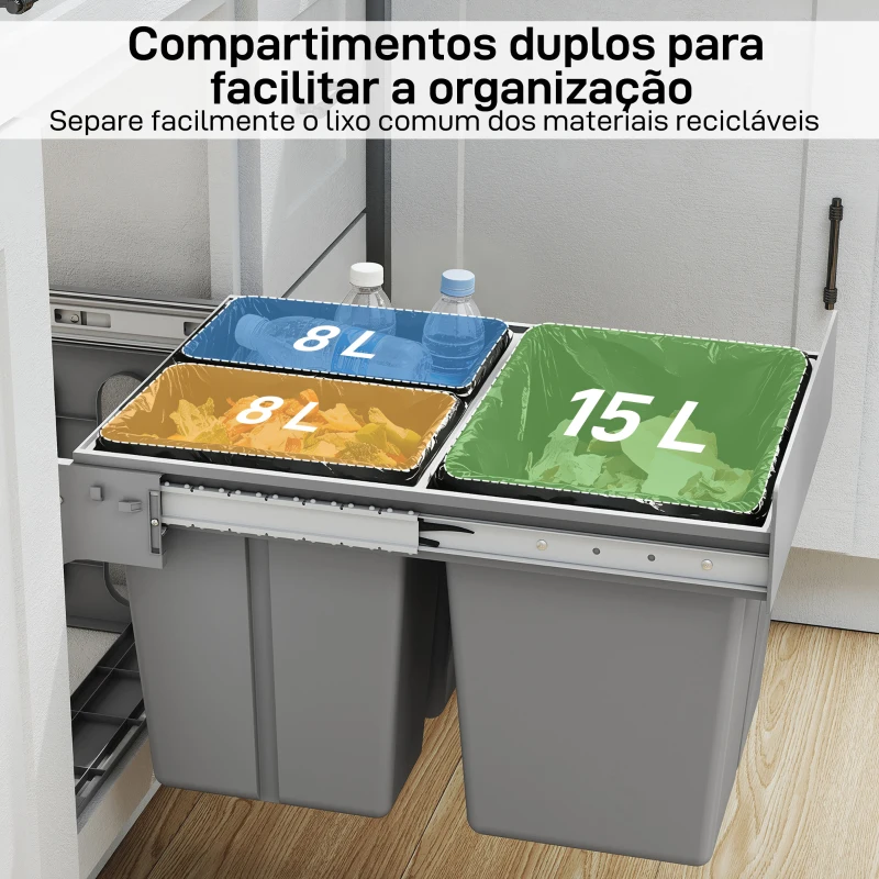 HOMCOM Balde  de Lixo Embutido com 3 Recipientes Removíveis Capacidade Total 31L (15L+8Lx2) 48x34,3x35,1 cm Cinzento Claro