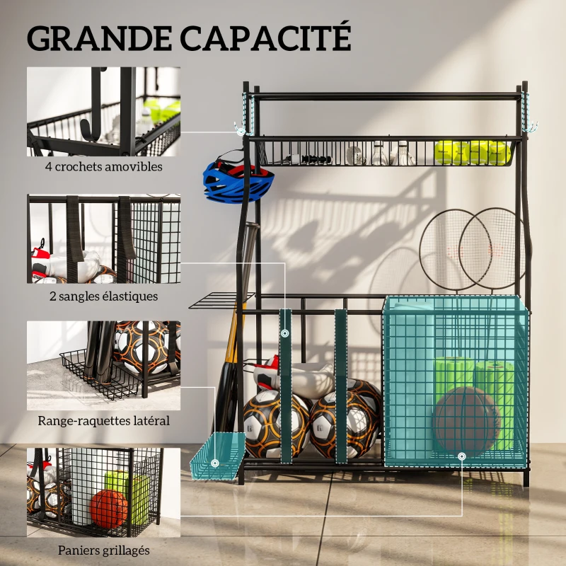SPORTNOW Rangement d'équipements de sport, avec paniers, crochets amovibles, sangles élastiques, 92 x 42 x 109 cm, noir