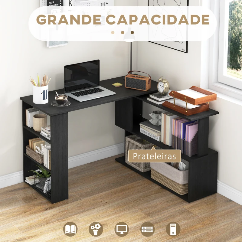 HOMCOM Mesa de Computador Secretária Mesa de Canto Giratória 360° com 5 Prateleiras 120x110x74,5 cm Preto