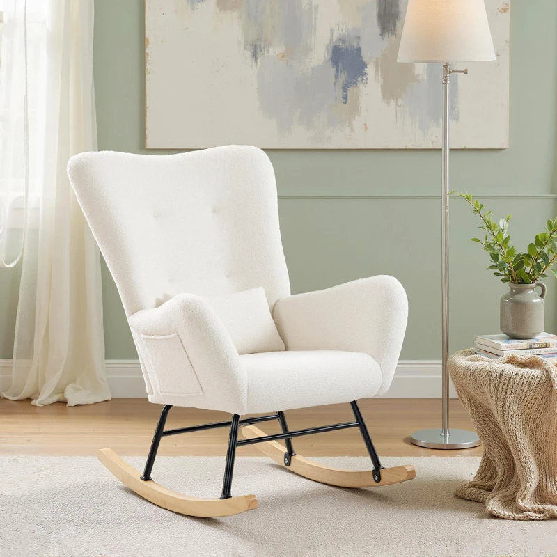 HOMCOM Poltrona Baloiço em Borrego Poltrona para Amamentação com Encosto Acolchoado Almofada e Base de Madeira de Borracha 67x82x100 cm Creme