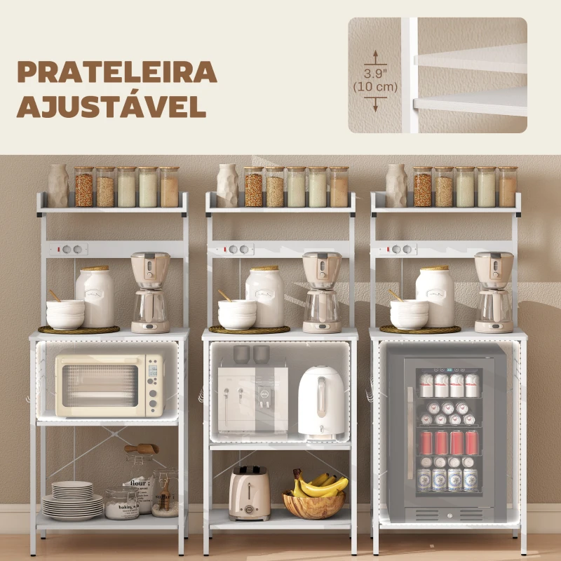 HOMCOM Estante de Cozinha com 2 Tomadas Prateleira para Micro-ondas Prateleira Ajustável Ganchos 60x42x137 cm Branco