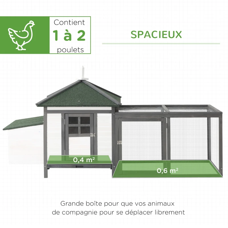 PawHut Poulailler cottage multi-équipement perchoir rampe pondoir enclos tiroir à déjection 196L x 76l x 97H cm bois massif pin gris blanc