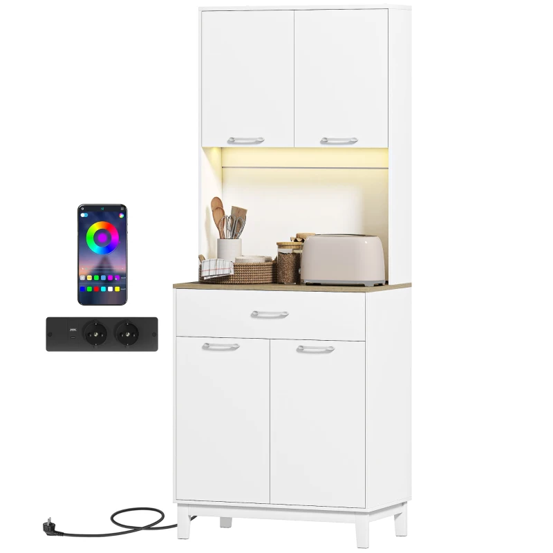 HOMCOM Armário de Cozinha com Luzes LED e Estação de Carregamento Móvel Auxiliar de Cozinha com 4 Portas Gaveta 71x40x180 cm Branco