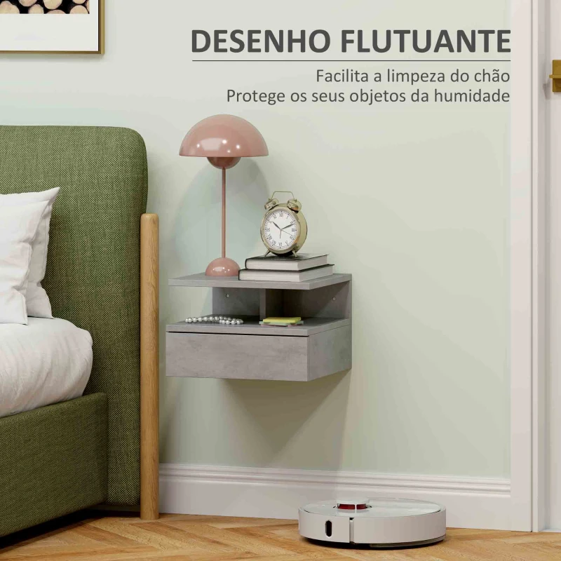 HOMCOM Conjunto de 2 Mesas de Cabeceira Flutuantes com Gaveta e Prateleira Aberta para Sala de Estar, 35x32x22,5 cm Cinzento