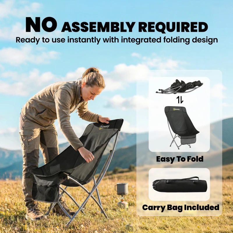 Outsunny Camping Chair for Adults Heavy Duty Folding Camp Chair with Side Pocket and Carry Bag Black