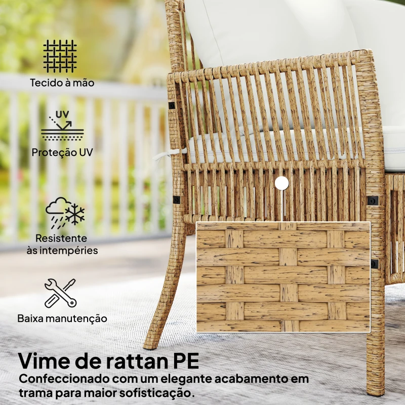 Outsunny Conjunto de Jardim Exterior em Vime com 1 Sofá de 2 Lugares 1 Chaise Longue e 1 Mesa de Centro com Tampo de Vidro Creme