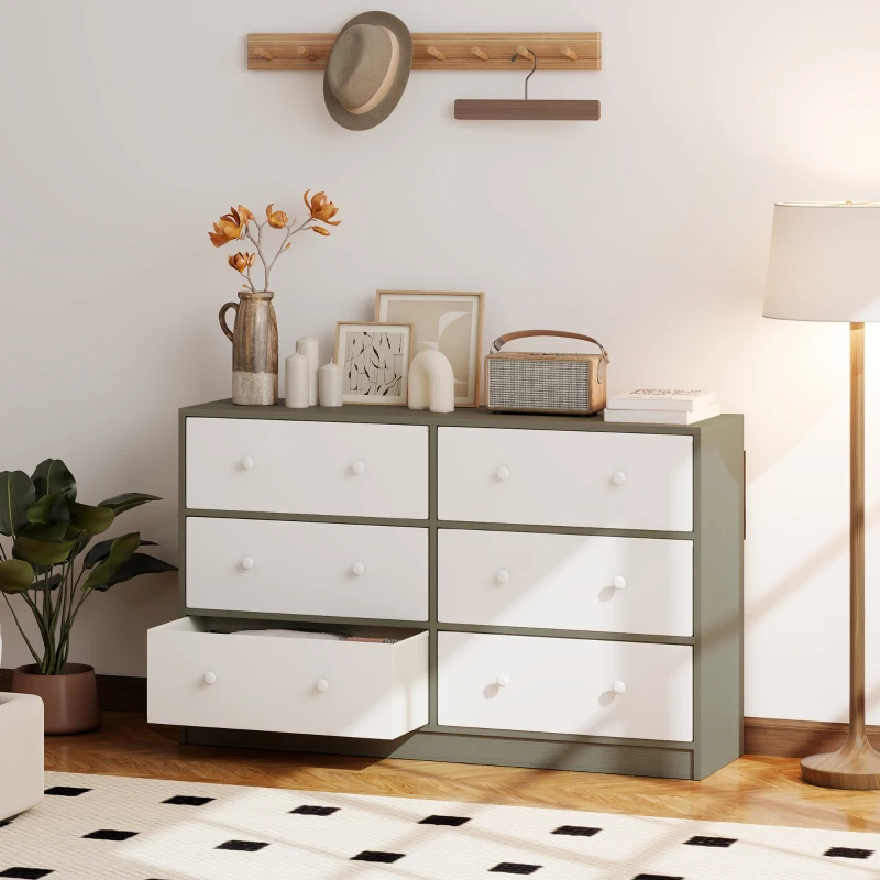 HOMCOM Cómoda com 6 Gavetas de Tecido Cómoda para Quarto Estrutura de Aço e MDF 114x30x70 cm Branco e Cinza