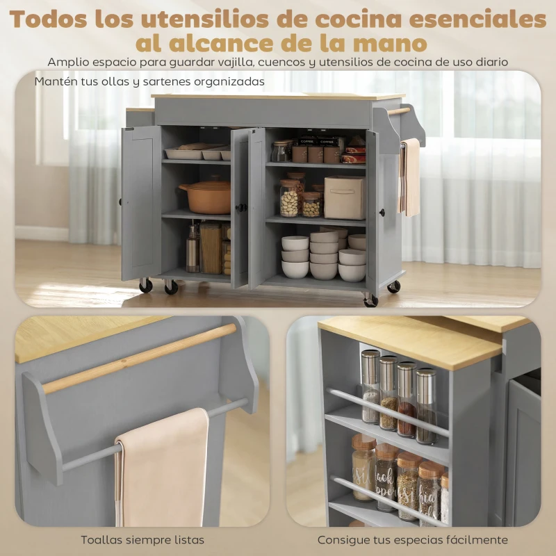 HOMCOM Isla de Cocina con Ruedas Encimera Extensible 4 Puertas Estantes Ajustables Especiero y Soporte para Toallas Gris