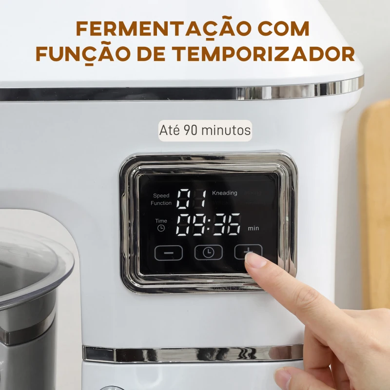 HOMCOM Batedeira Planetária 6L 1400W com Cabeçal Inclinável, 6 Velocidades, Função de Fermentação, Ecrã LED, Branco