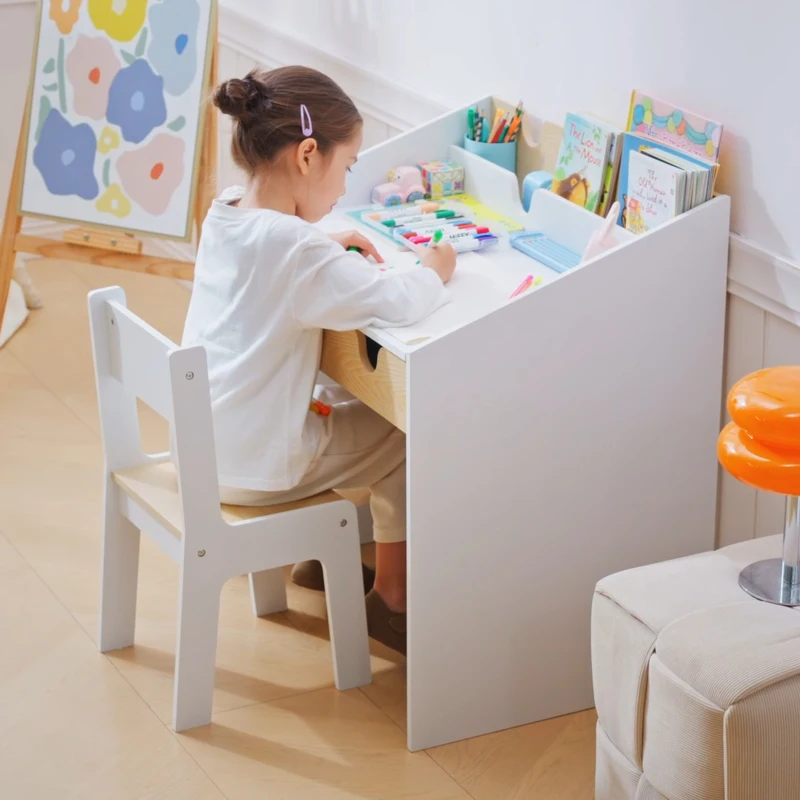 HOMCOM Kids Desk and Chair Set 2 Pieces Children Study Table with Storage Pull-Out Drawer Bookshelf for 3-6 Years Writing, Reading, Drawing