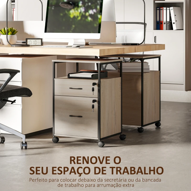 Vinsetto Bloco de Gavetas com Fechadura Rodas 2 Gavetas Barra Suspensa para Papéis A4 e Carta e 2 Chaves 44x40x66,5 cm Madeira