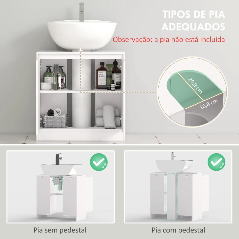 HOMCOM Móvel para Lavatório Pousar com 2 Portas e Prateleira Ajustável para Lavatórios com ou sem Pedestal 60x30x59,8 cm Branco