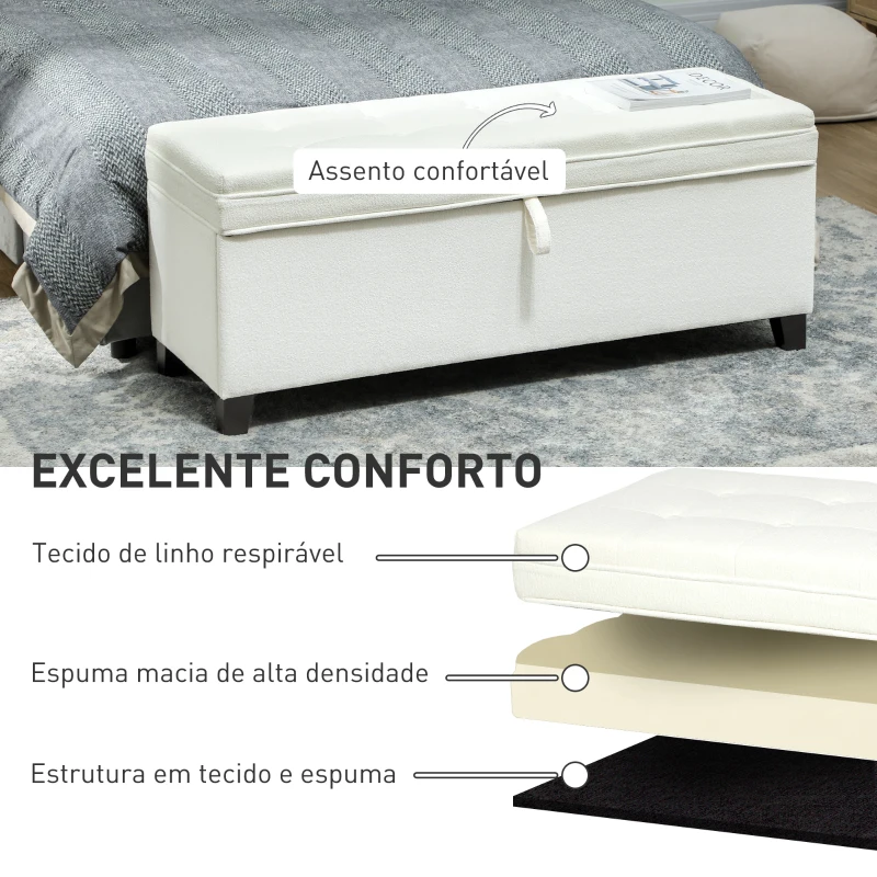 HOMCOM Banco de Armazenamento com 2 Dobradiças de Segurança Tampa Rebatível para Sala de Estar Quarto 120x40x48 cm Creme