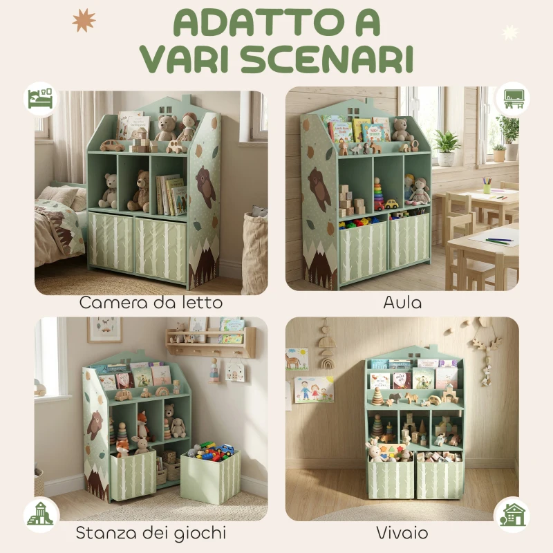 AIYAPLAY Scaffale Portagiochi Bambini in Legno FSC, 2 Contenitori Rimovibili in Tessuto e Ripiani, per Cameretta, Verde