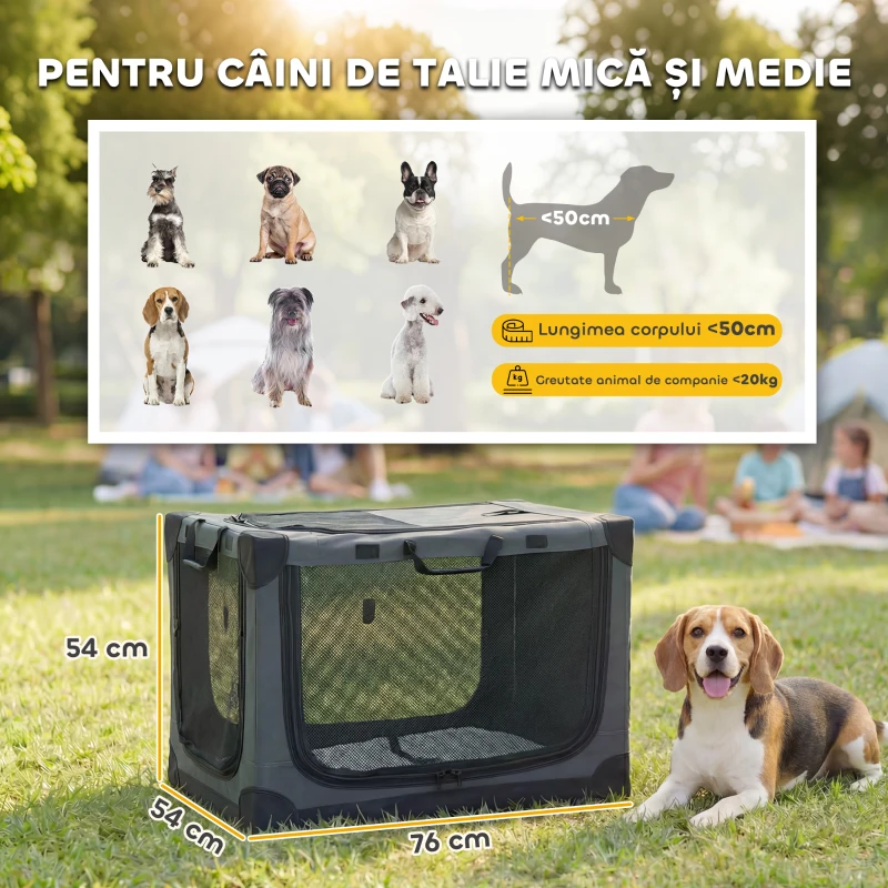 PawHut Cușcă de Transport Pliabilă pentru Câini și Pisici cu Pernă, Husă Lavabilă, Uși, din Oxford Respirabil 600D, 76x54x54 cm, Verde