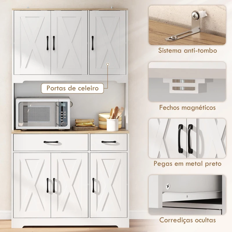 HOMCOM Armário de Cozinha Alto Móvel Auxiliar de Cozinha com Bancada Aberta para Micro-Ondas 2 Gavetas Prateleiras Ajustáveis 94x39,5x175,2 cm Branco