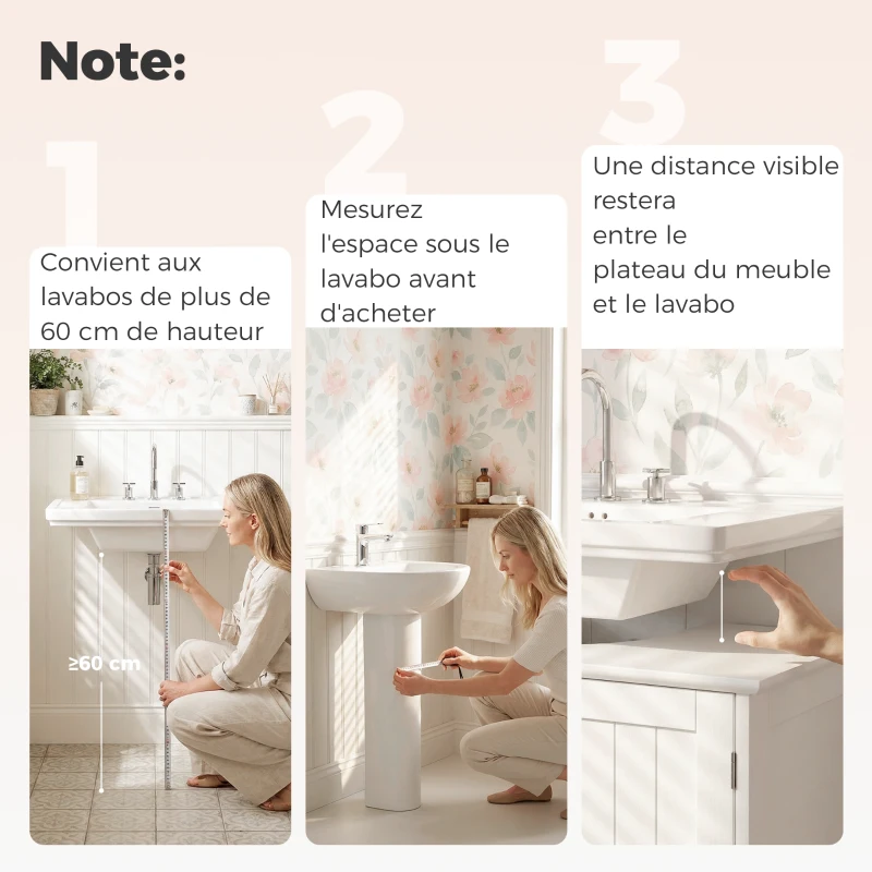 kleankin Meuble salle de bain sous lavabo - meuble sous-vasque - placard 2 portes avec étagère - dim. 60L x 30l x 60H cm - en bois blanc