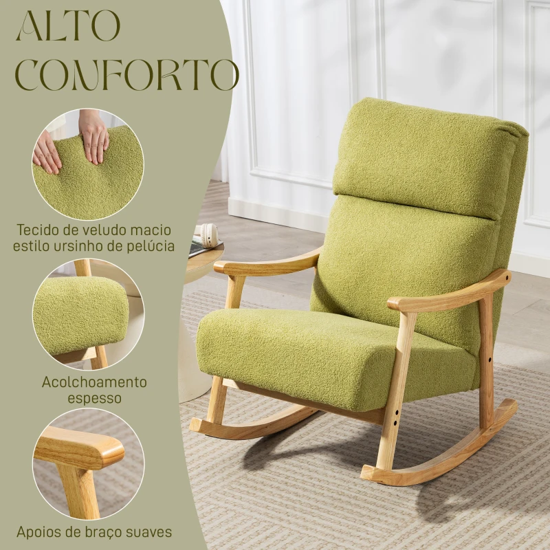 HOMCOM Poltrona Baloiço Moderna em Borrego com Apoio para os Braços de Madeira de Faia Poltrona de Amamentação 65x90x98 cm Verde claro