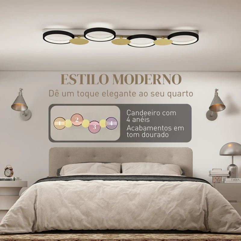 HOMCOM Candeeiro de Teto Regulável com 4 Focos Controlo Remoto Modos de Cena 1500 lm 38 W 3000 K-6500 K 100x31x7 cm Preto e Dourado