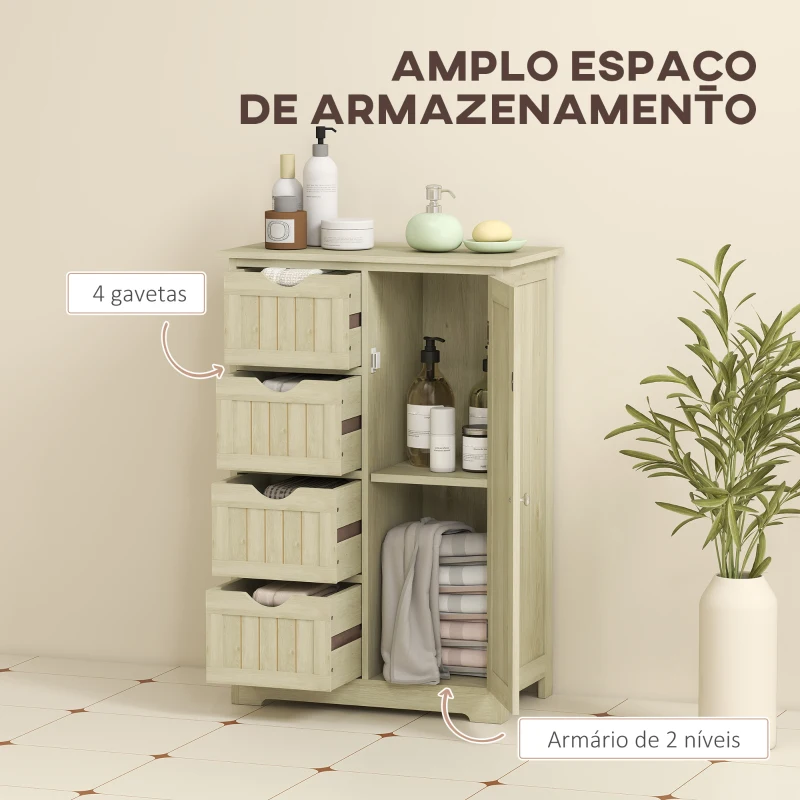 kleankin Armário de Casa de Banho Coluna Estreita com 4 Gavetas e Prateleira Ajustável Estilo Moderno 56x30x83 cm Madeira