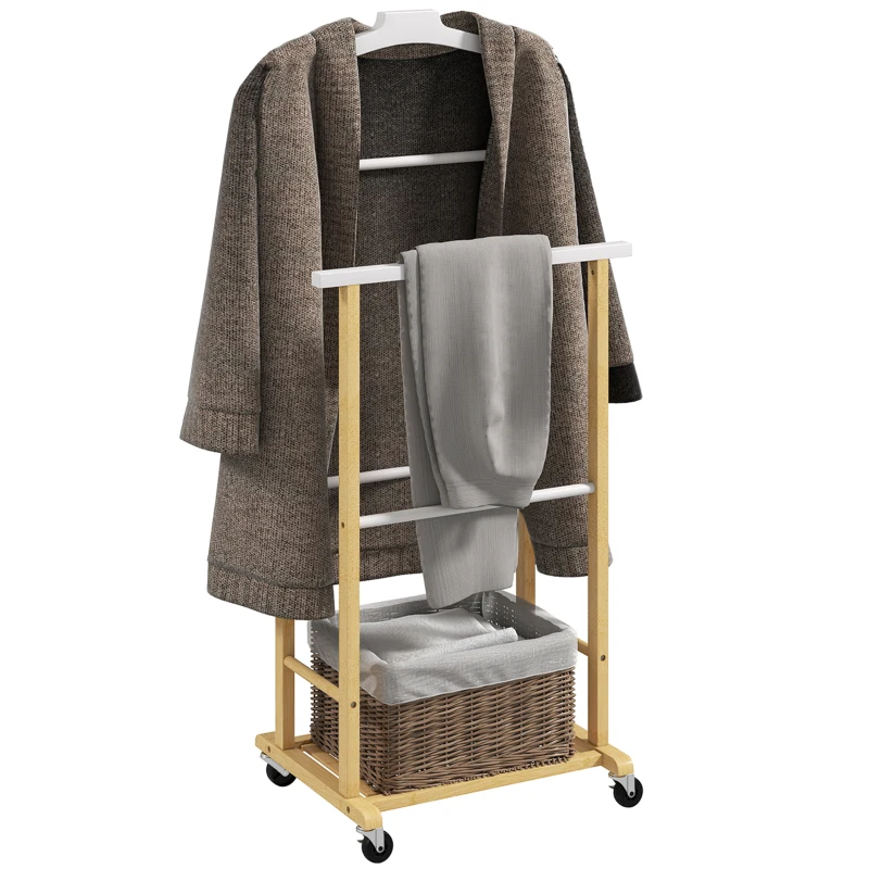 HOMCOM Cabide de Pé de Bambu com Rodas Cabide para Roupas com Barras para Calças e Prateleira Inferior para Sapatos Estilo Nórdico 47x33,7x105,5 cm Madeira e Branco