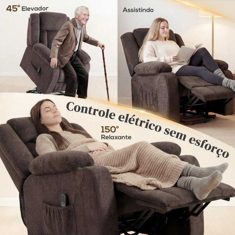 HOMCOM Poltrona Relax Reclinável Elétrica Elevatória com Porta USB Controlo Remoto Assento Largo Apoio para os Pés Castanho