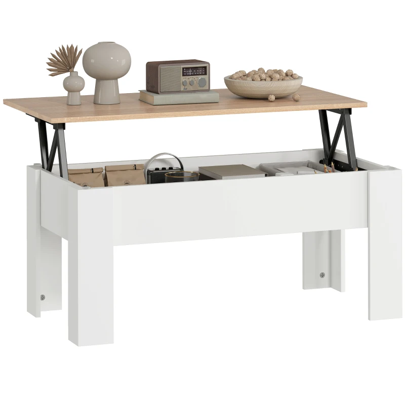 HOMCOM Mesa de Centro com Bancada Elevatória Compartimento Aberto e Oculto 100x50x45-58,5 cm Branco e Madeira