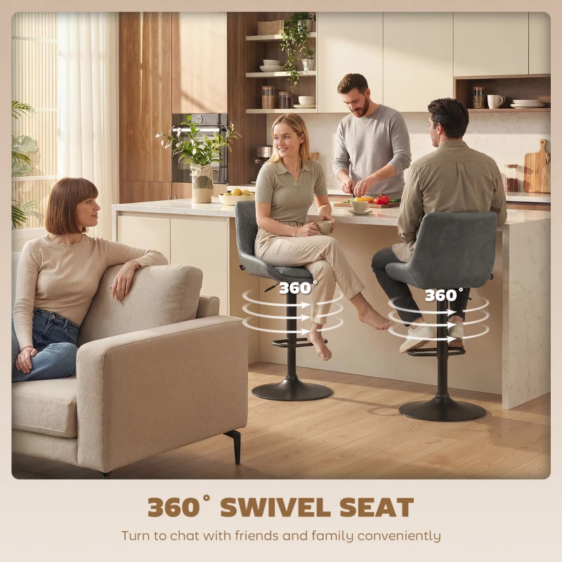 HOMCOM Retro Bar Stools Set of 2, Adjustable Kitchen Stool, Upholstered Bar Chairs with Back, Swivel Seat, Dark Grey