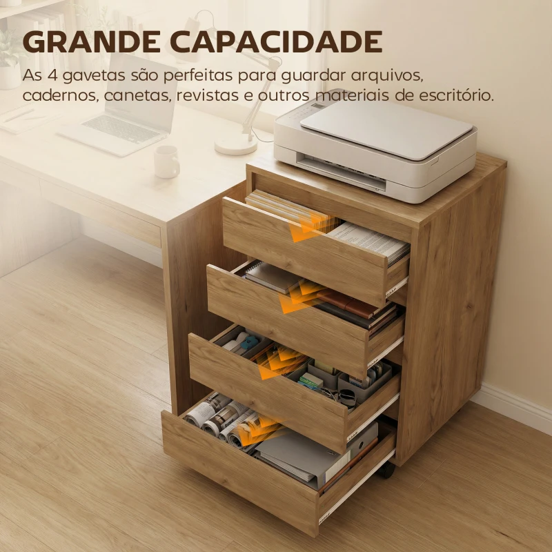 HOMCOM Bloco de Gavetas de Escritório com 4 Gavetas Rodas para Escritório 46x40x65 cm Castanho