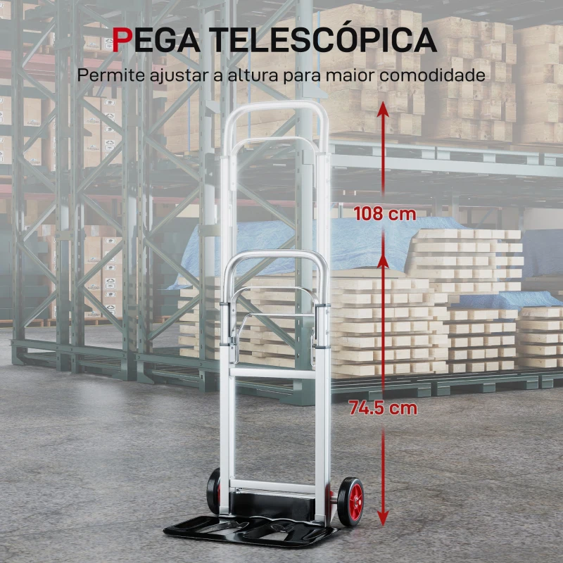 HOMCOM Carro de Transporte Dobrável de Alumínio com Cabo Telescópico Ajustável Carga 90 kg 40x41x108 cm Prateado e Preto