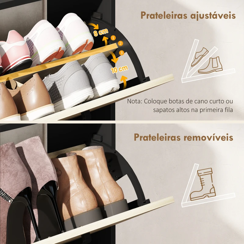 HOMCOM Sapateira Estreita com 3 Prateleiras Laterais e Prateleiras Ajustáveis para 15 Pares de Sapatos 83x24x90,5 cm Madeira e Preto
