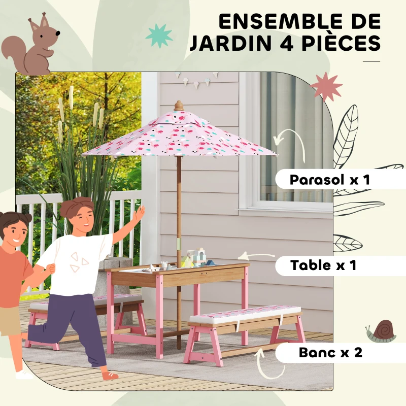 AIYAPLAY Table pique-nique enfant avec bancs, coussins, parasol pliable, boîtes de rangement amovibles, motif à flamant, rose